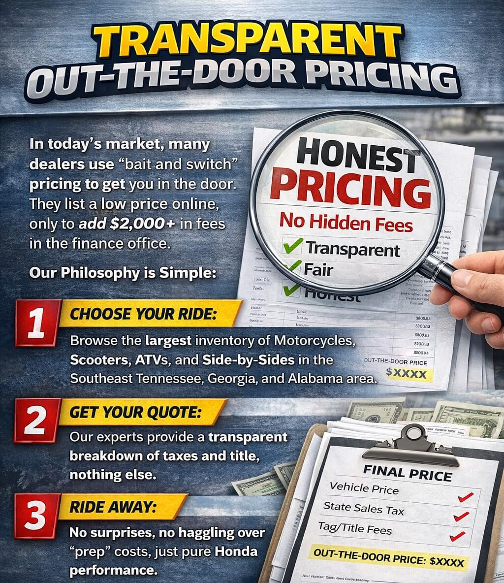 Infographic explaining Southern Honda Powersports’ transparent out-the-door pricing, showing honest…